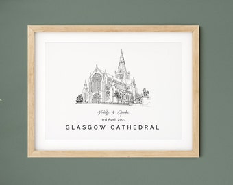 Cathédrale de Glasgow, cadeau de mariage, illustration de lieu, cadeau de 1er anniversaire pour mari.