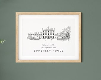 Somerley House, wedding venue illustration print gift, 1st anniversary gift for husband and for wife, venue sketch for couple.