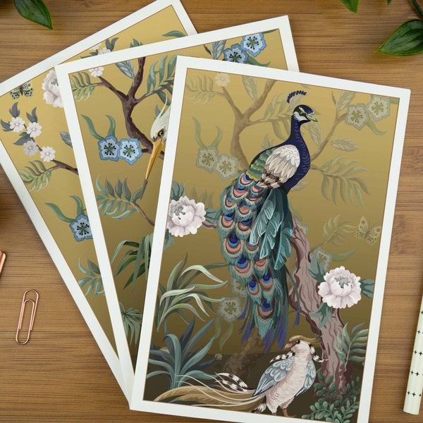 Art greeting card pack, bird birthday card, blank inside note cards for her, Chinoiserie thank you cards, peacock card, gift set for mum.