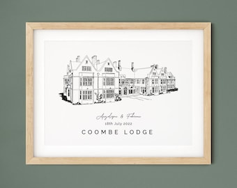 Coombe Lodge, personalised wedding venue illustration present, 1st anniversary gift for wife, venue sketch engagement present for fiancé.