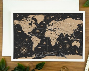 Vintage world map birthday card for dad, globe card for traveller.