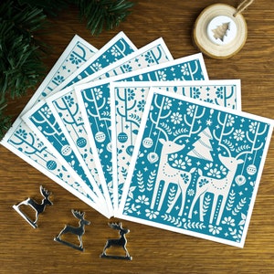 Rentiere, Teal, Skandinavisches Weihnachtskartenset, Weihnachten 2024 Geschenk für Sie, Nordische Kunst Winterkarte.