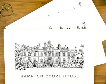 Hampton Court House, wedding venue illustration card, postcards for couples, special event thank you cards for guests, A6 postcards.