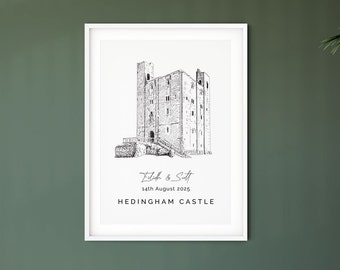 Hedingham Castle, wedding venue illustration gift, 1st anniversary gift for husband and for wife.