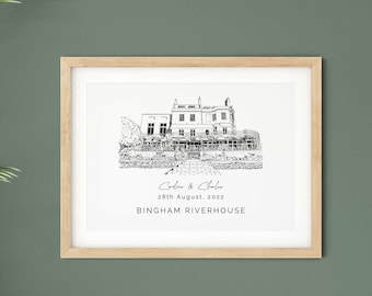 Bingham Riverhouse, cadeau de mariage, illustration de lieu de mariage, cadeau de 1er anniversaire pour femme ou mari, cadeau pour fiancé.