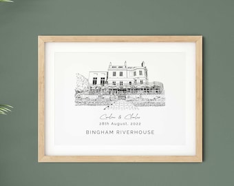 Bingham Riverhouse, wedding venue illustration present, 1st anniversary gift for wife or husband, engagement gift for fiance.