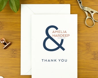 Wedding thank you cards, personalised engagement thank you cards, 25th anniversary party cards, large blue ampersand design.