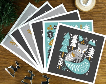 Nordic Woodland, Christmas card set, Scandinavian xmas card pack, festive charity cards with foxes and reindeers.