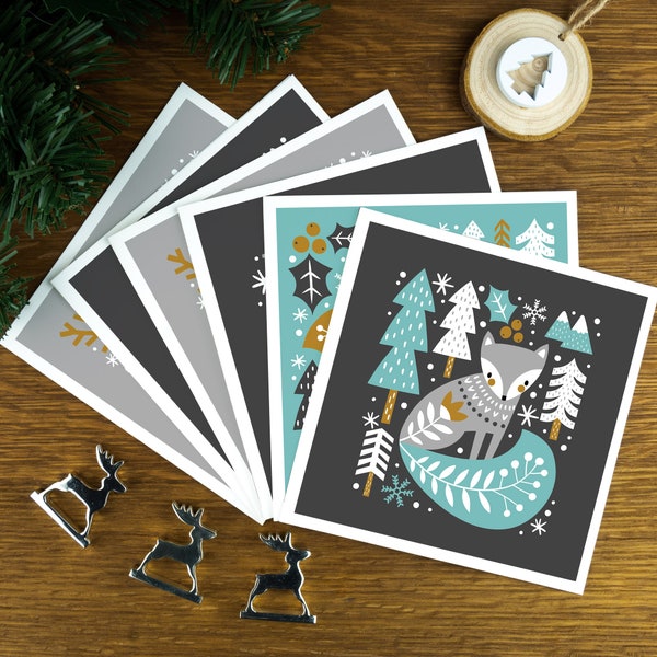 Nordic Woodland, Christmas card set, Scandinavian xmas card pack, festive charity cards with foxes and reindeers.