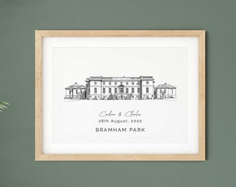 Bramham Park, cadeau d'illustration de lieu de mariage, cadeau de 1er anniversaire pour femme, cadeau de fiançailles d'esquisse de lieu, impression de lieu de mariage.