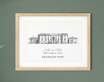 Bramham Park, wedding venue illustration present, 1st anniversary gift for wife, venue sketch engagement present, wedding venue print.