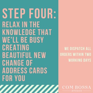 Step four: relax in the knowledge that we'll be busy creating beautiful new change of address cards for you. We dispatch all orders within two working days. Printed on a green and peach background.