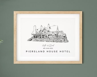Piersland House Hotel, impression d'illustration de lieu de mariage, cadeau de mariage, cadeau d'anniversaire pour femme, pour mari, cadeau spécial pour fiancé.