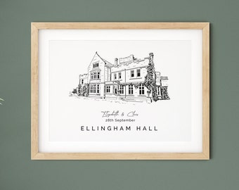 Ellingham Hall, trouwlocatie illustratie print cadeau voor vrouw en man, 1e verjaardag locatie schets cadeau voor stel.