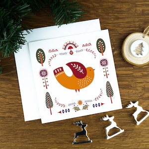 Folk Art Weihnachtskarte, Friedenstaube, nordisches Weihnachtskartenset, niedliche Tierillustrations-Grußkartenpackung, skandinavisches Kunstdruckgeschenk
