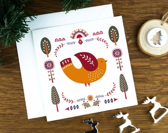 Folk art Christmas card with a dove of peace, Nordic Christmas card set, animal illustration greeting card pack, Scandinavian art print gift