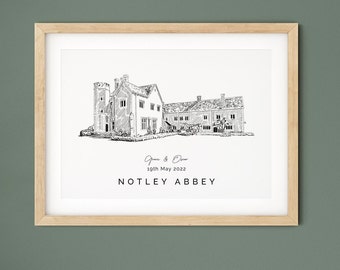 Notley Abbey, wedding gift, wedding venue print, personalised 1st anniversary venue illustration gift for husband and for wife.