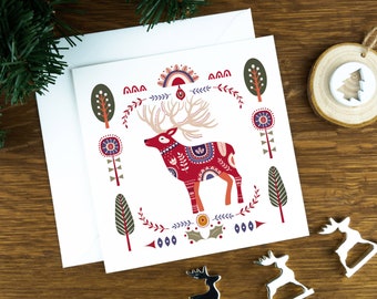 Folk art Christmas card with a red deer illustration, Nordic xmas card set, winter greeting card pack for her, Scandinavian art print gift.