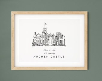 Auchen Castle, personalised wedding venue print, 1st anniversary gift for husband, elopement gift, venue illustration.