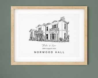 Norwood Hall, wedding venue illustration print, personalised 1st anniversary gift for husband or for wife.