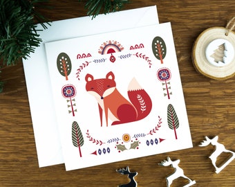 Folk art Christmas card pack with a red fox illustration, Nordic xmas card set, winter greeting cards for her, Scandinavian art print gift.