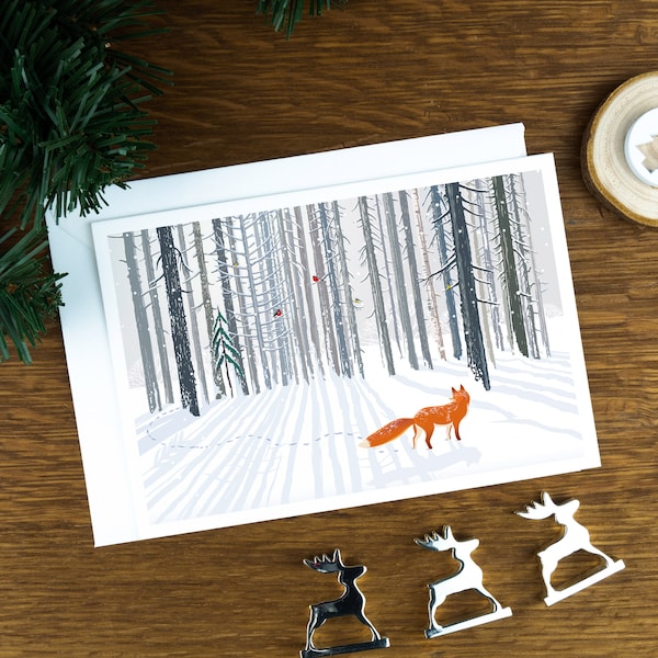 Luxury Christmas cards, Fox in a Winter Forest, charity Xmas card pack, illustrated Christmas card set, holiday cards.