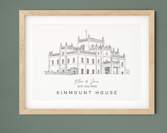 Kinmount House, wedding venue sketch, personalised and hand drawn illustration, bespoke 1st anniversary gift for wife or for husband.