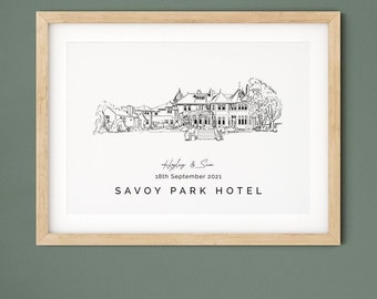 Savoy Park Hotel, wedding venue illustration print gift.