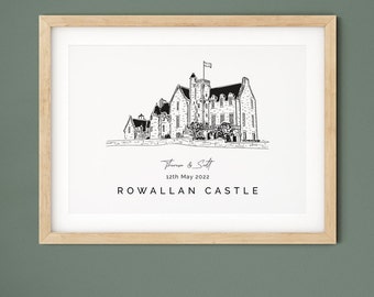 Rowallan Castle, wedding venue illustration present for her, personalised 1st anniversary gift for husband, Scottish Castle venue sketch.