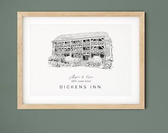 Dickens Inn, illustration de lieu de mariage, cadeau de Noël, cadeau personnalisé de 1er anniversaire pour mari ou femme.