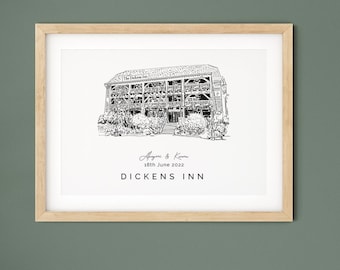 Dickens Inn wedding venue illustration present, personalised 1st anniversary gift for husband or for wife.