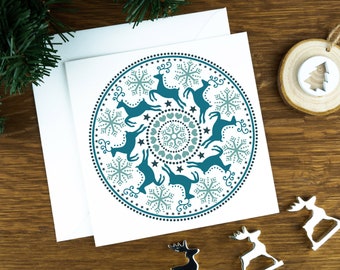 Luxury Scandinavian Christmas card, circle of reindeers: blues, No.1, modern Nordic xmas card for brother, Christmas card bundle for him.