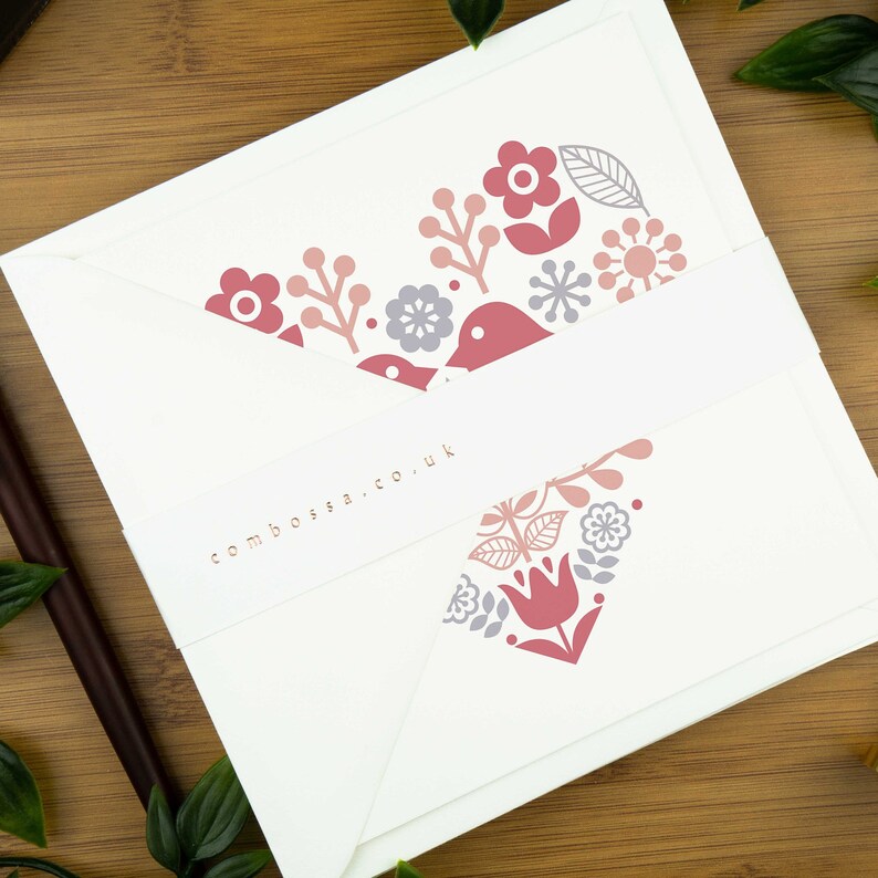 Love bird card - two love birds within a heart in a nordic inspired design.