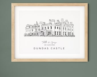 Château de Dundas, cadeau de mariage, cadeau d'illustration de lieu de mariage, cadeau personnalisé de 1er anniversaire de mariage pour femme.