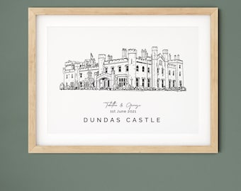 Dundas Castle, wedding gift, wedding venue illustration present, personalised 1st anniversary gift for wife, venue sketch gift for husband.