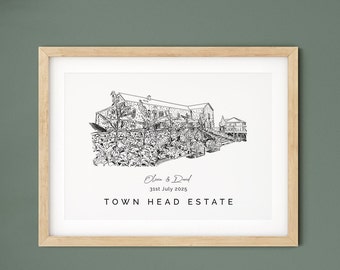 Town Head Estate, cadeau de mariage, cadeau d'illustration de lieu de mariage, cadeau d'anniversaire pour femme et pour mari, cadeau de Noël pour fiancé.