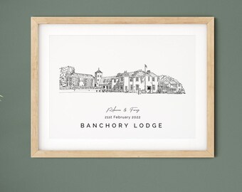 Banchory Lodge, wedding venue illustration present, personalised 1st anniversary gift for husband or wife, gift for fiancé.