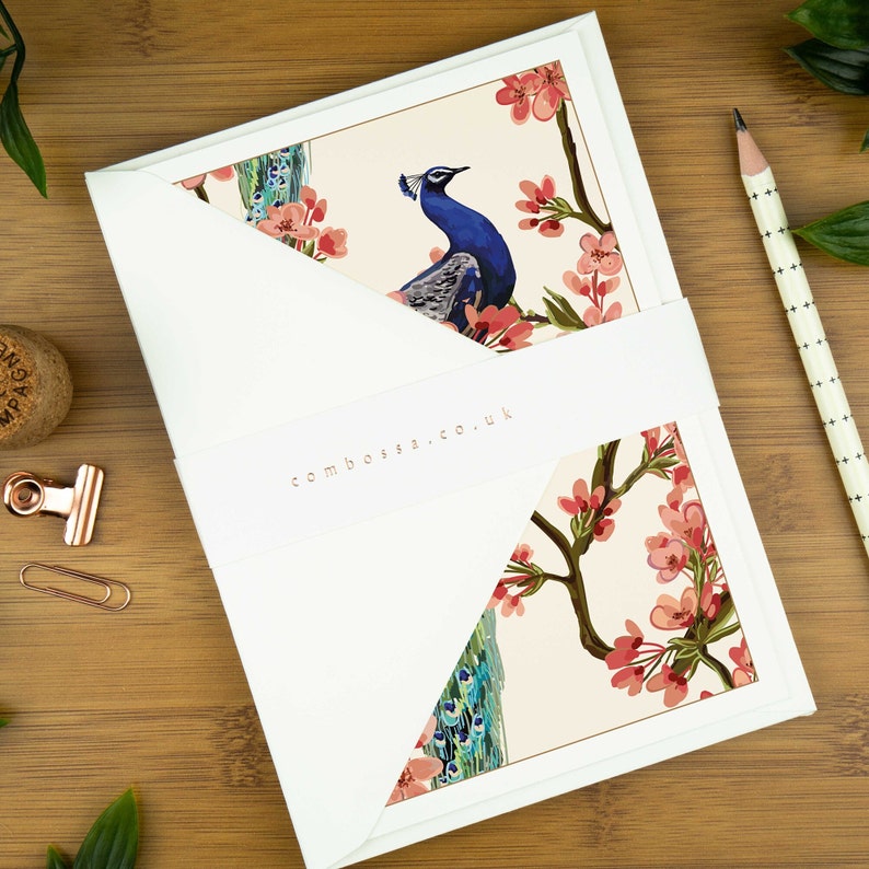 Luxury birthday card for mum, floral blank greeting card pack for women, peacock thank you card set for her, bird note card gift for penpal. image 5