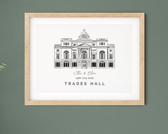 Trades Hall, wedding venue illustration present, personalised 1st anniversary gift for husband, wedding venue print for fiance.
