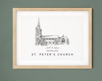St. Peter's Church, wedding venue illustration print, personalised 1st anniversary gift for wife or for husband.