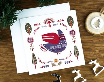 Folk art Christmas card pack with a purple dove illustration, Nordic xmas card set, winter greeting cards for her, Scandinavian print gift.