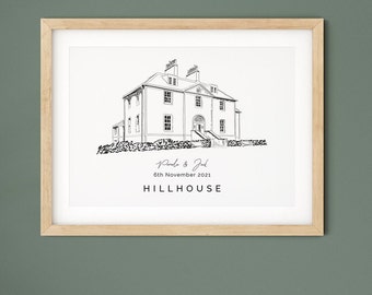 Hillhouse wedding venue illustration present for wife, personalised 1st anniversary gift for husband, venue sketch gift for fiance.