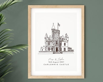 Château de Carlowrie, croquis personnalisé de lieu de mariage, cadeau de 1er anniversaire pour mari ou femme, illustration de château écossais.