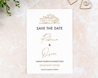 Kinmount House, cartes Save the Date, illustration du lieu du mariage : moderne, classique, minimaliste et calligraphie.