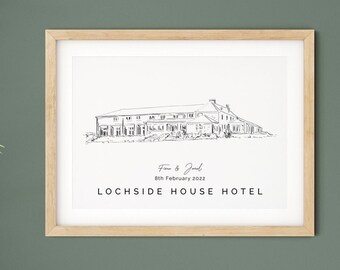 Lochside House Hotel, cadeau d'illustration de lieu de mariage, cadeau de mariage, cadeau de 1er anniversaire pour femme, cadeau d'impression pour mari.
