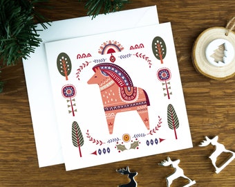 Folk art Christmas card for her, Nordic Christmas card set for mum, Dala Horse illustration greeting card pack for sister.