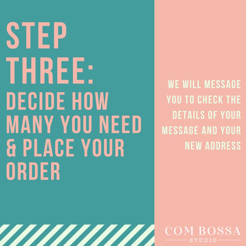 Step three: decide on how many you need and place your order. We will message you to check on the details of your message and your new address. Printed on a green and peach background.