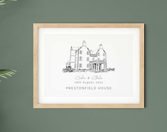 Prestonfield House Hotel, personalised hand drawn wedding venue sketch, 1st anniversary gift for husband, bespoke venue illustration gift.