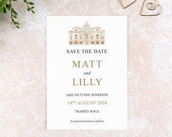 Trades Hall Save the Date Card: Illustrated Wedding Venue, Modern, Classic and Calligraphy.