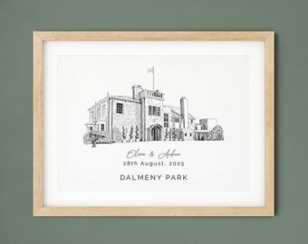 Parc Dalmeny, cadeau de mariage, croquis de lieu, cadeau de 1er anniversaire sur mesure pour femme et pour mari.